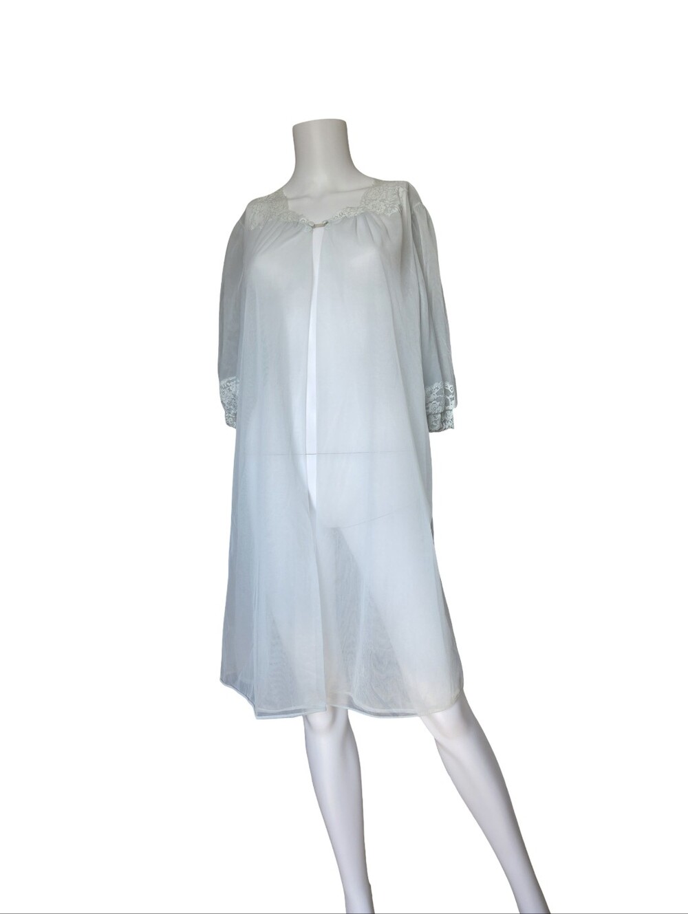 Vintage Blue Peignoir Sheer Babydoll Robe Nylon Lace Made in USA Size Small